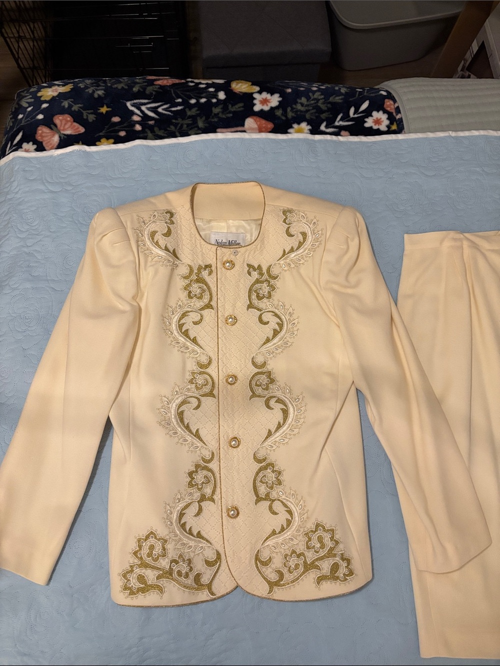 Nolan Miller Women's Embroidered Cream Jacket w Pearl Accents w Matching Skirt